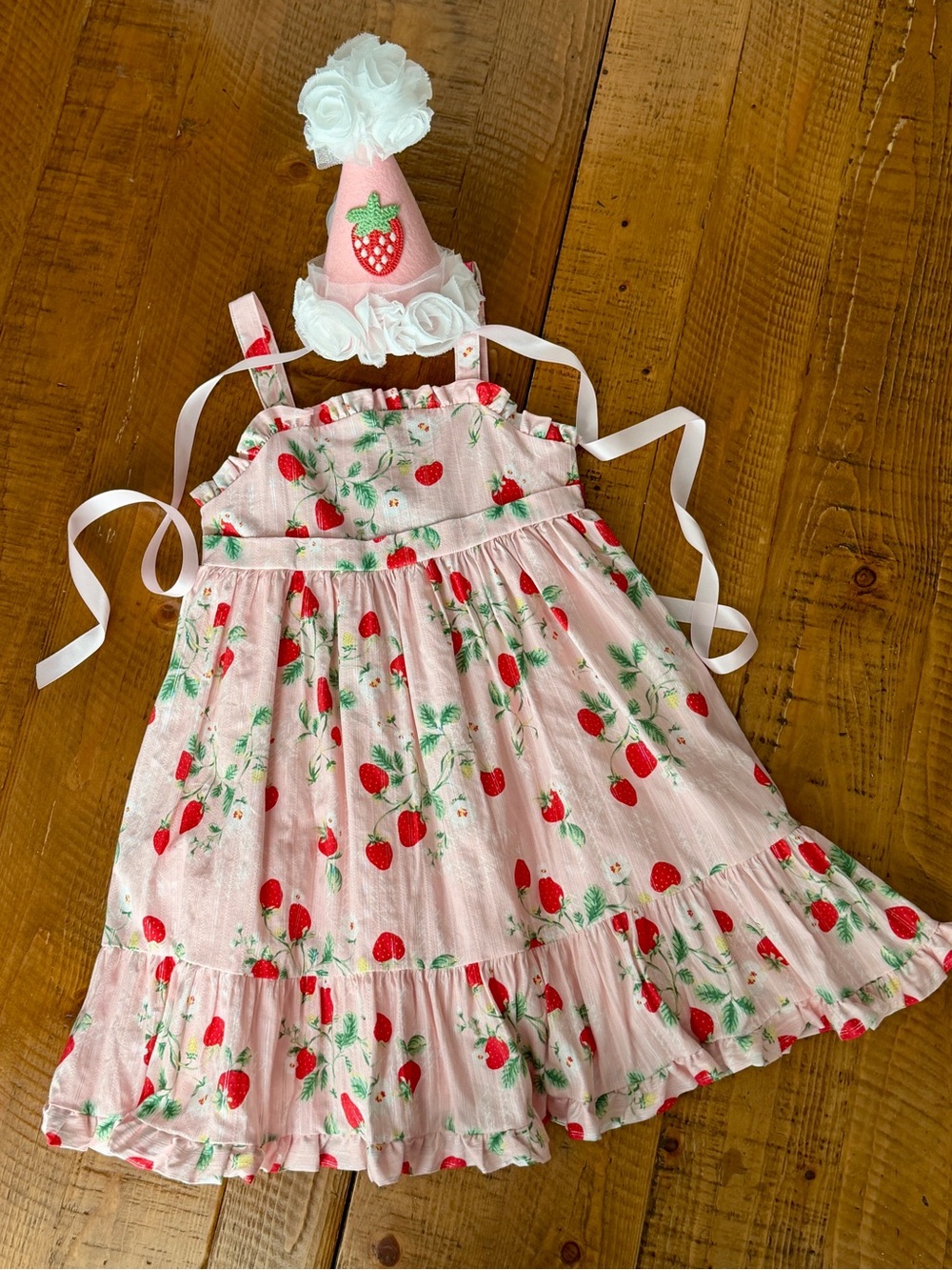 Girls Strawberry birthday dress/outfit with matching felt birthday hat